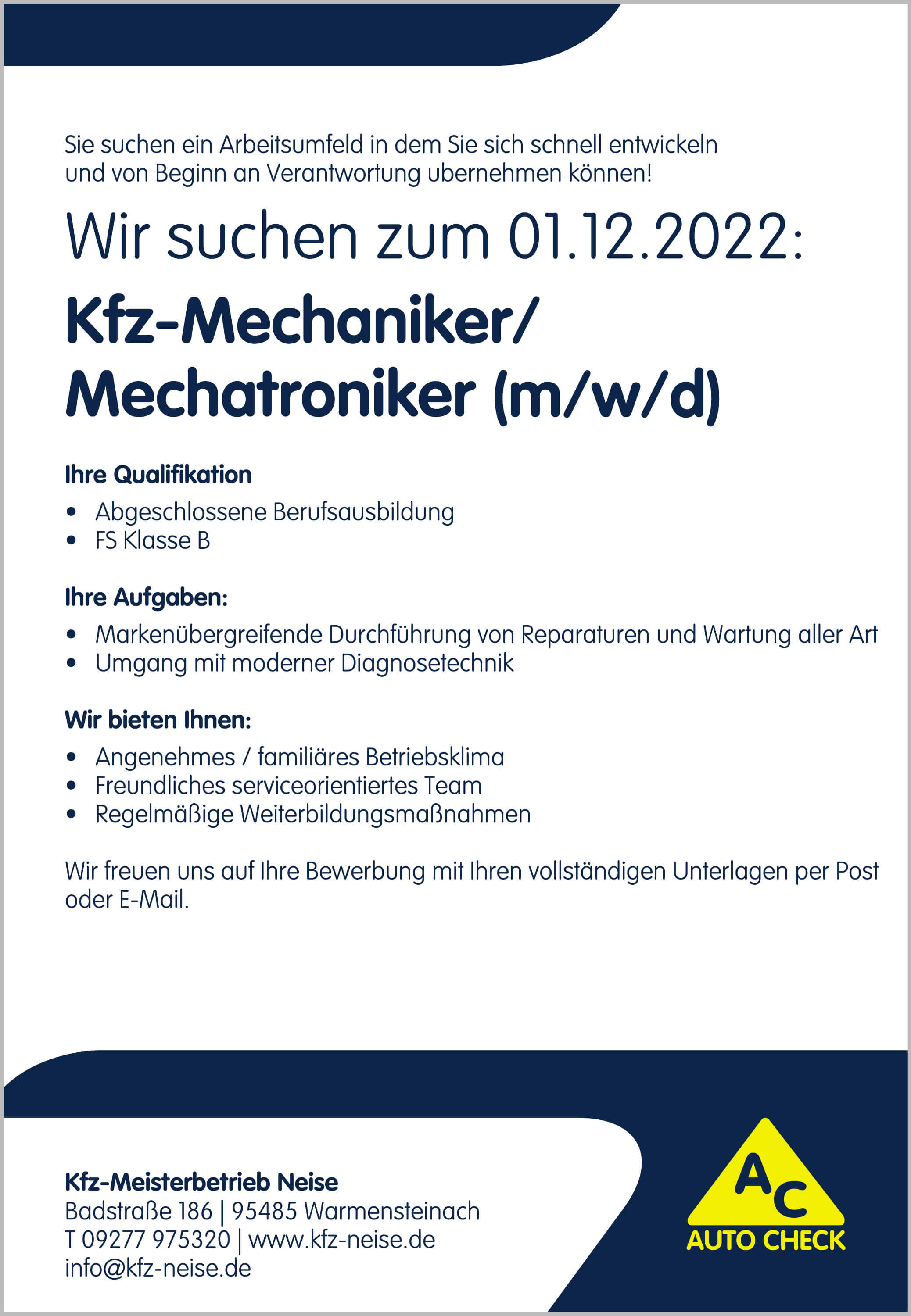 Kfz Neise sucht Kfz-Mechaniker/Mechatroniker (m/w/d)